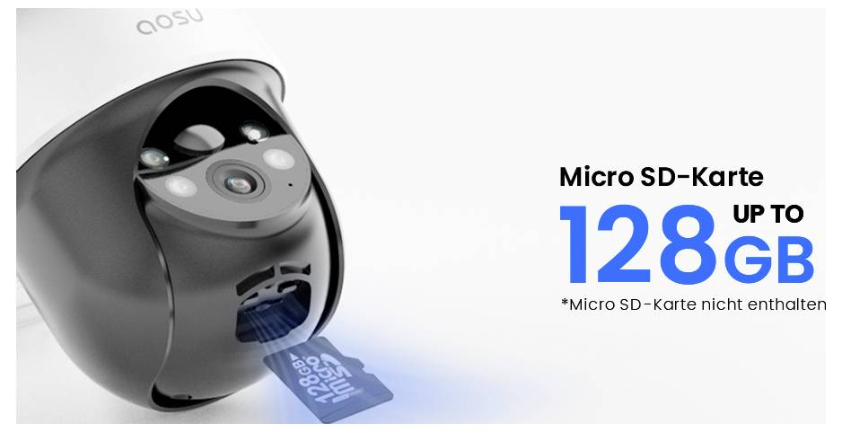 Bezpečnostná kamera s priestorom pre micro SD kartu. Text znie 'Micro SD karta AŽ DO 128GB' a '*Micro SD karta nie je súčasťou balenia'.