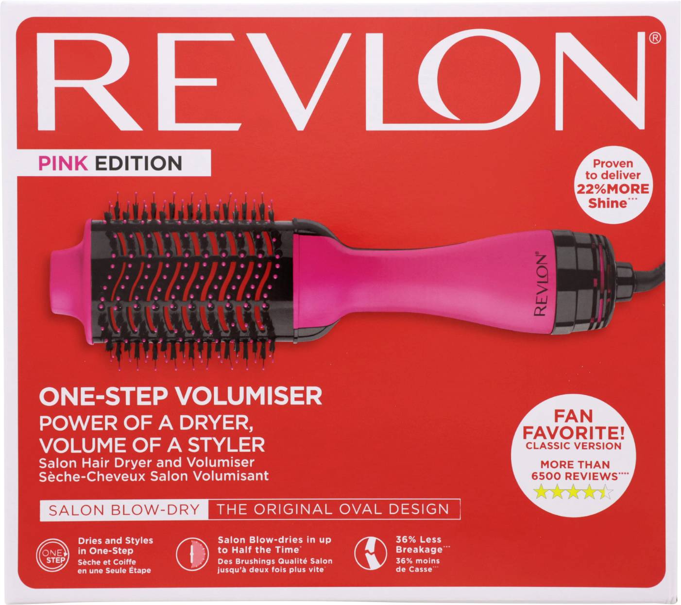 Revlon One-Step Volumiser balenie v ružovej edícii, ktoré kombinuje sušič a stylingový nástroj s deklarovaným zvýšením lesku o 22% a obľúbenosťou medzi fanúšikmi.