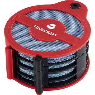 Červeno-čierny okrúhly filter značky "TOOLCRAFT" s modrými sieťovými vrstvami, s malou vyčnievajúcou trubicou v pravom hornom rohu.