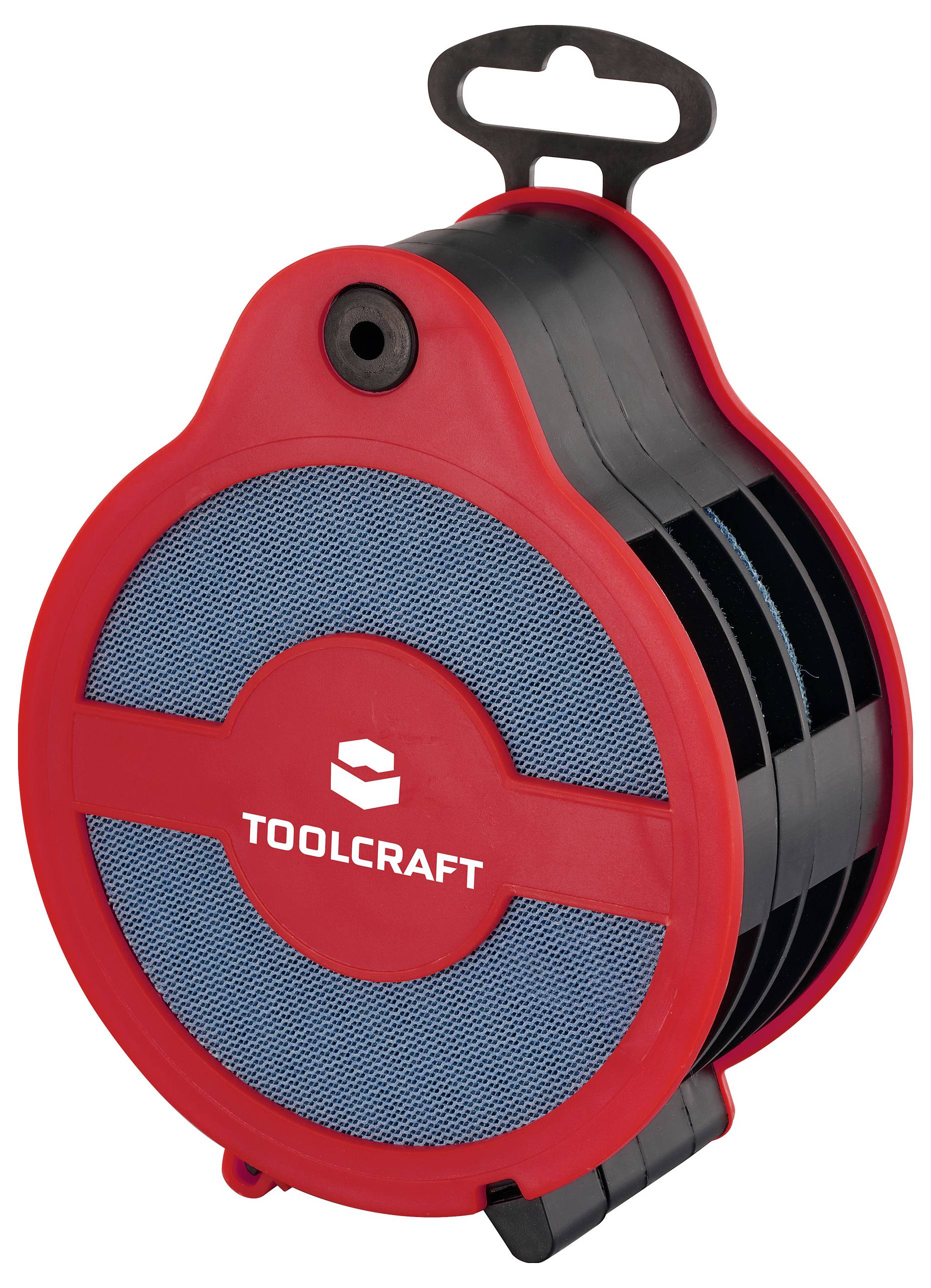 Červený a čierny plastový cievka na kábel s nosným držadlom, označená „TOOLCRAFT", navrhnutá na efektívnu organizáciu a skladovanie káblov.