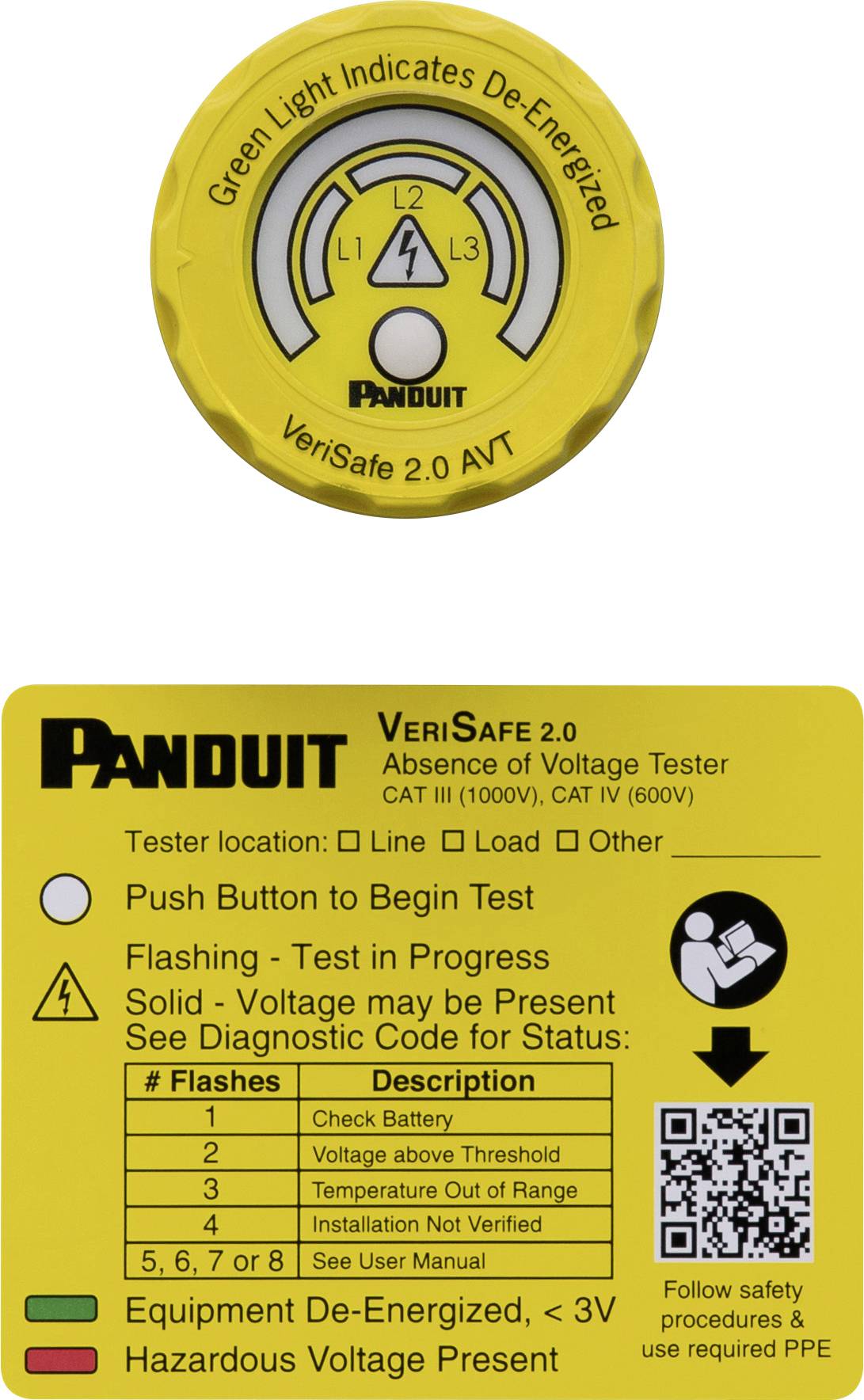 Tester neprítomnosti napätia Panduit VeriSafe 2.0 zobrazuje indikátory stavu, inštrukcie testovacieho postupu a QR kód pre diagnostiku.