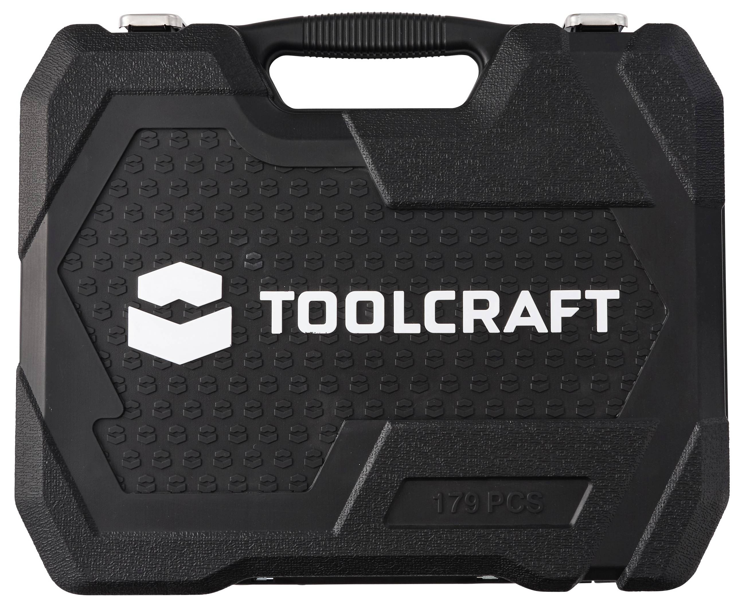 Čierny plastový kufor nástrojov TOOLCRAFT označený „170 ks" s uchopovacou rukoväťou