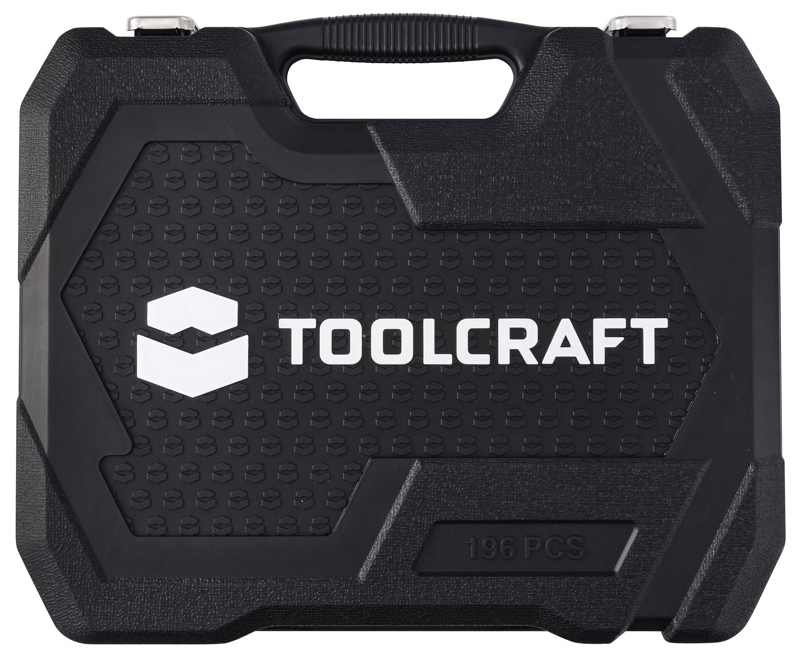Čierny plastový kufor Toolcraft na prenášanie s rukoväťou, s nápisom „TOOLCRAFT" a „196 KUSOV" na prednej strane.