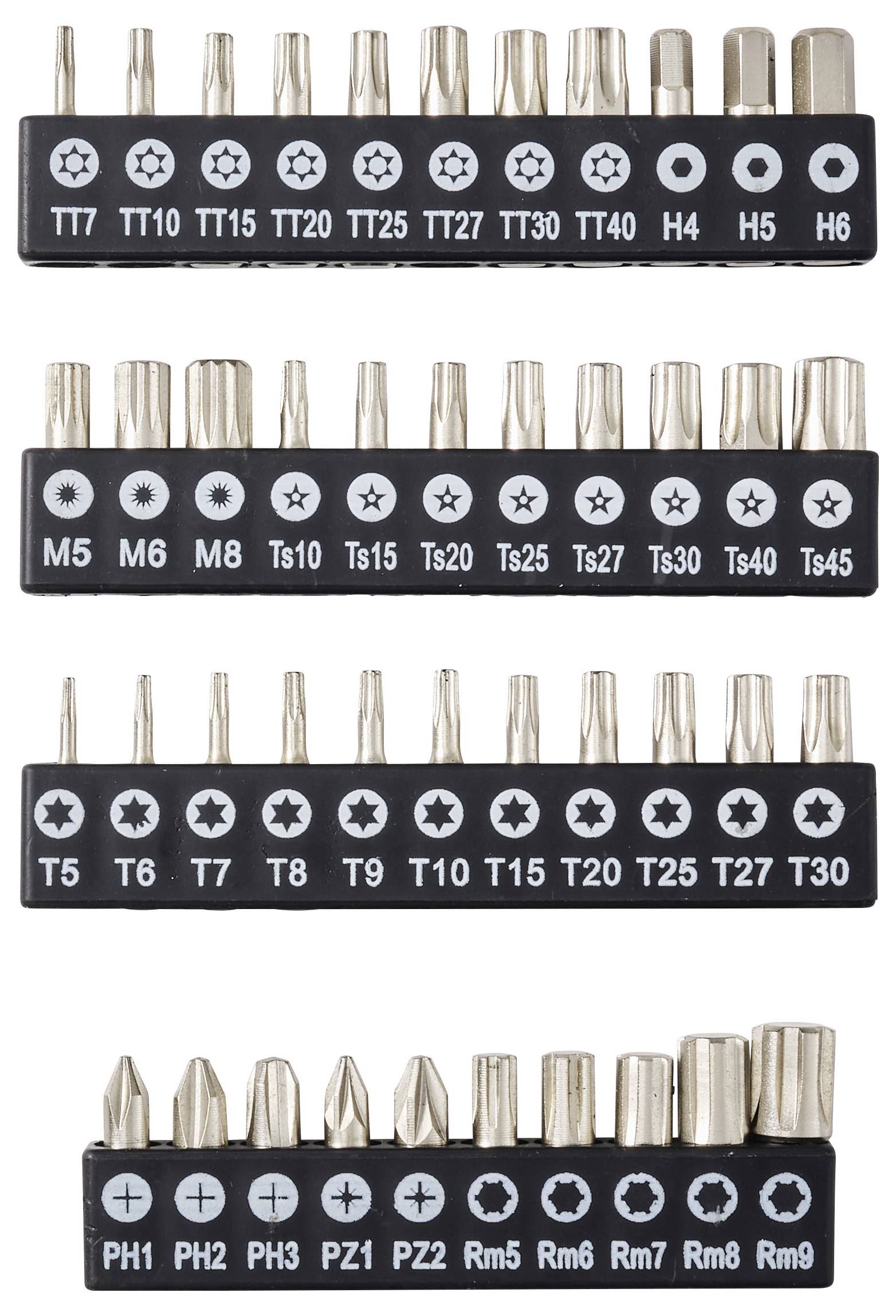 Štyri rady kovových nástavcev skrutkovača označené ako Torx, šesťhran, bezpečnostný Torx a Phillips/Pozidriv veľkosti usporiadané podľa typu a veľkosti.
