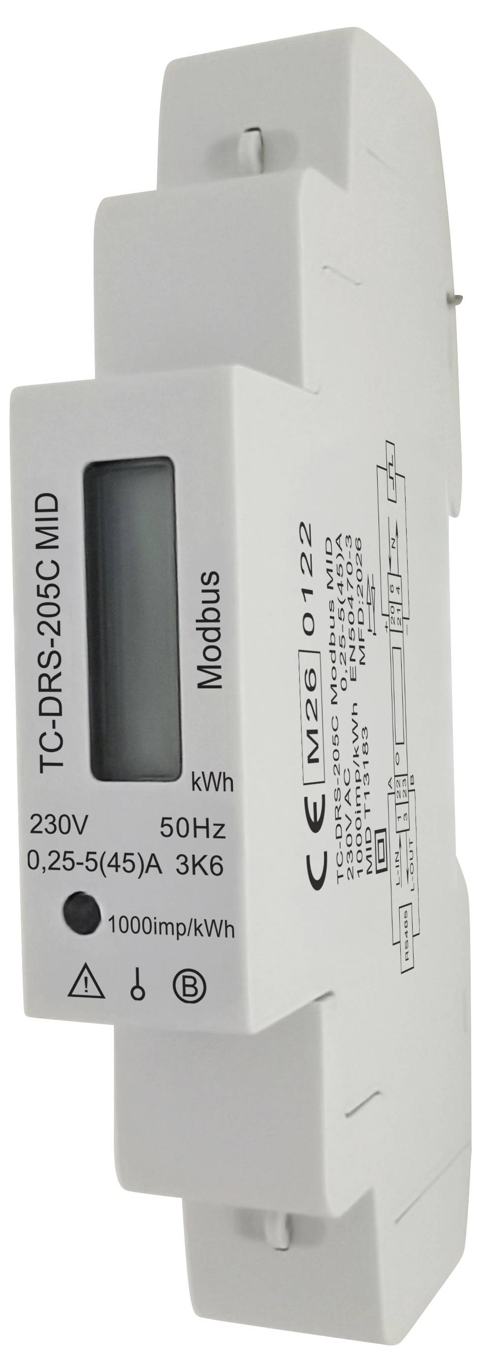 Biely energomer DIN na lištu s označením "Modbus", s LCD displejom a technickými špecifikáciami pre 230V, 50Hz, 3Kc a 1000imp/kWh.