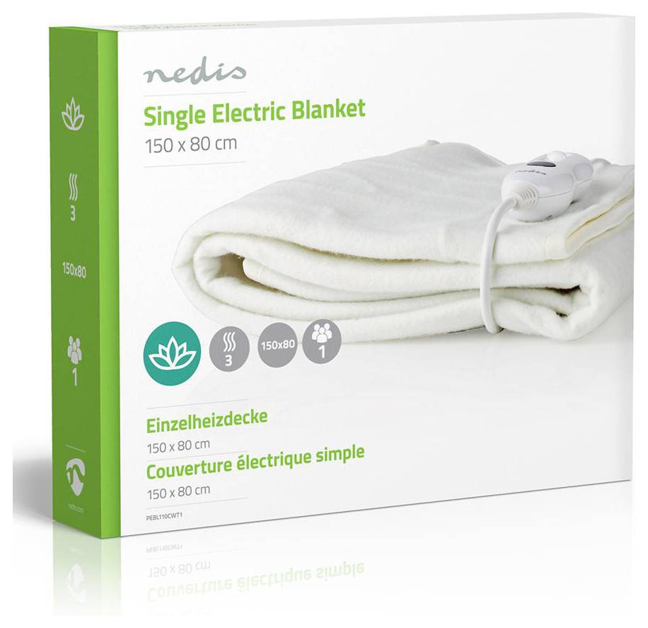 Balenie zobrazujúce zložený elektrický výhrevný vankúš 'Nedis Single Electric Blanket' s ovládacou jednotkou. Rozmery: 150 x 80 cm. Etiketa v nemeckom a francúzskom jazyku.