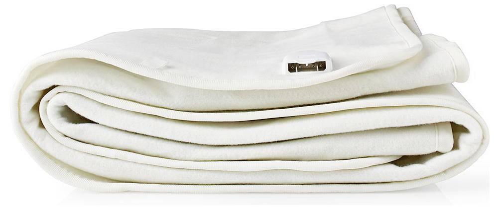 Zložená elektrická deka s viditeľným ovládačom, vyrobená z hladkej bielej látky.
