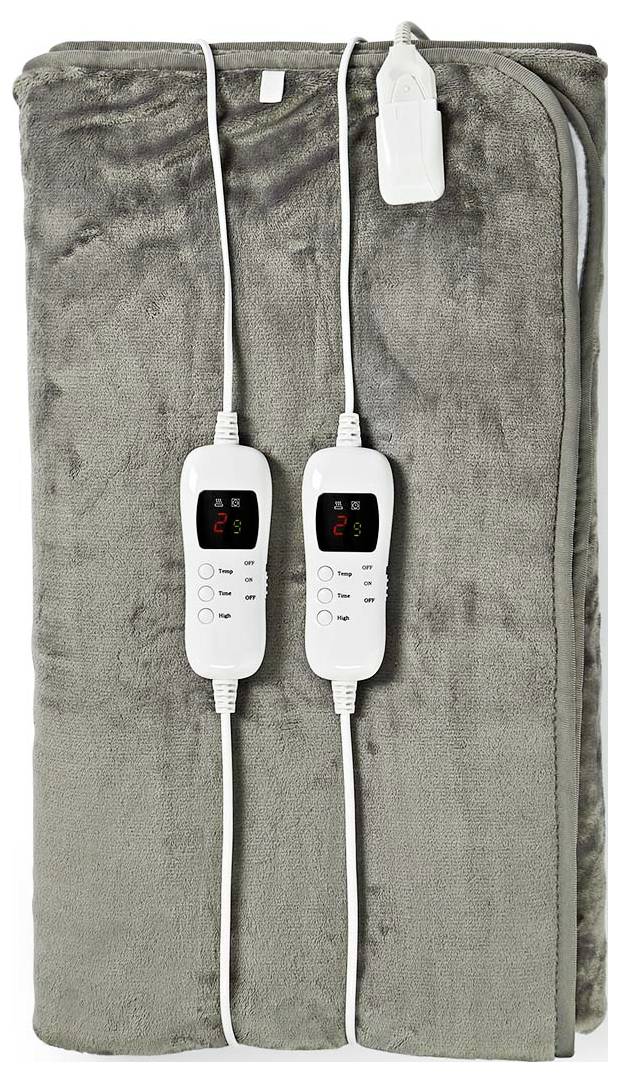 Dva biele ovládače ležia na zloženej sivej elektrickej prikrývke, každý zobrazuje teplotné nastavenia a prepojené káblami.