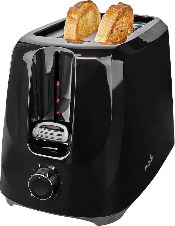 Na čiernom tostovači sú viditeľné dva krajce chleba, ktoré sú čiastočne opečené. Na prednej strane prístroja je otočný gombík s číslami pre nastavenie intenzity opekania.