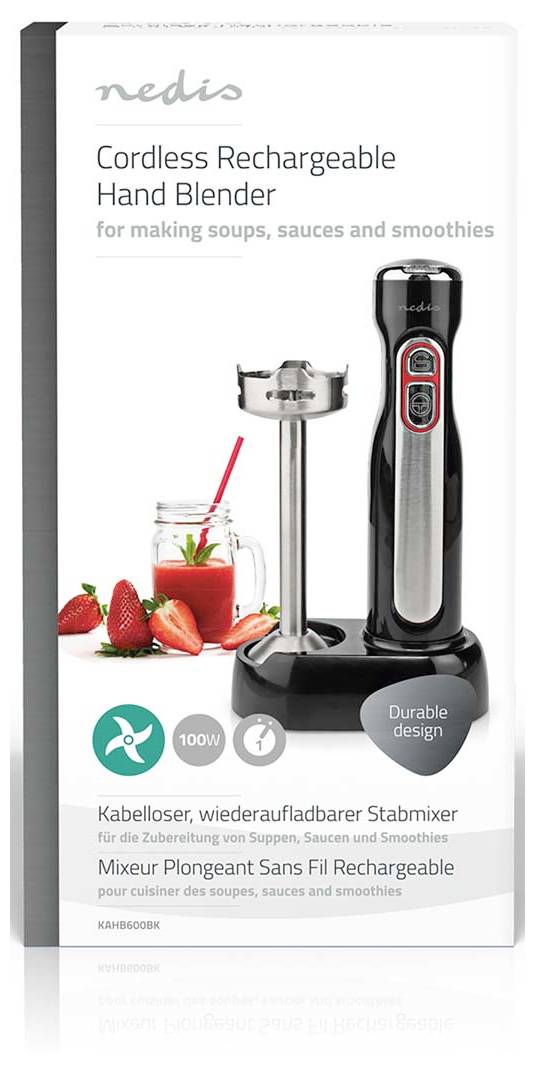 Bezdrôtový nabíjateľný ručný mixér so súpravou, ktorá zahŕňa mixér, metlu a stojan; ideálny na polievky, omáčky a smoothie.