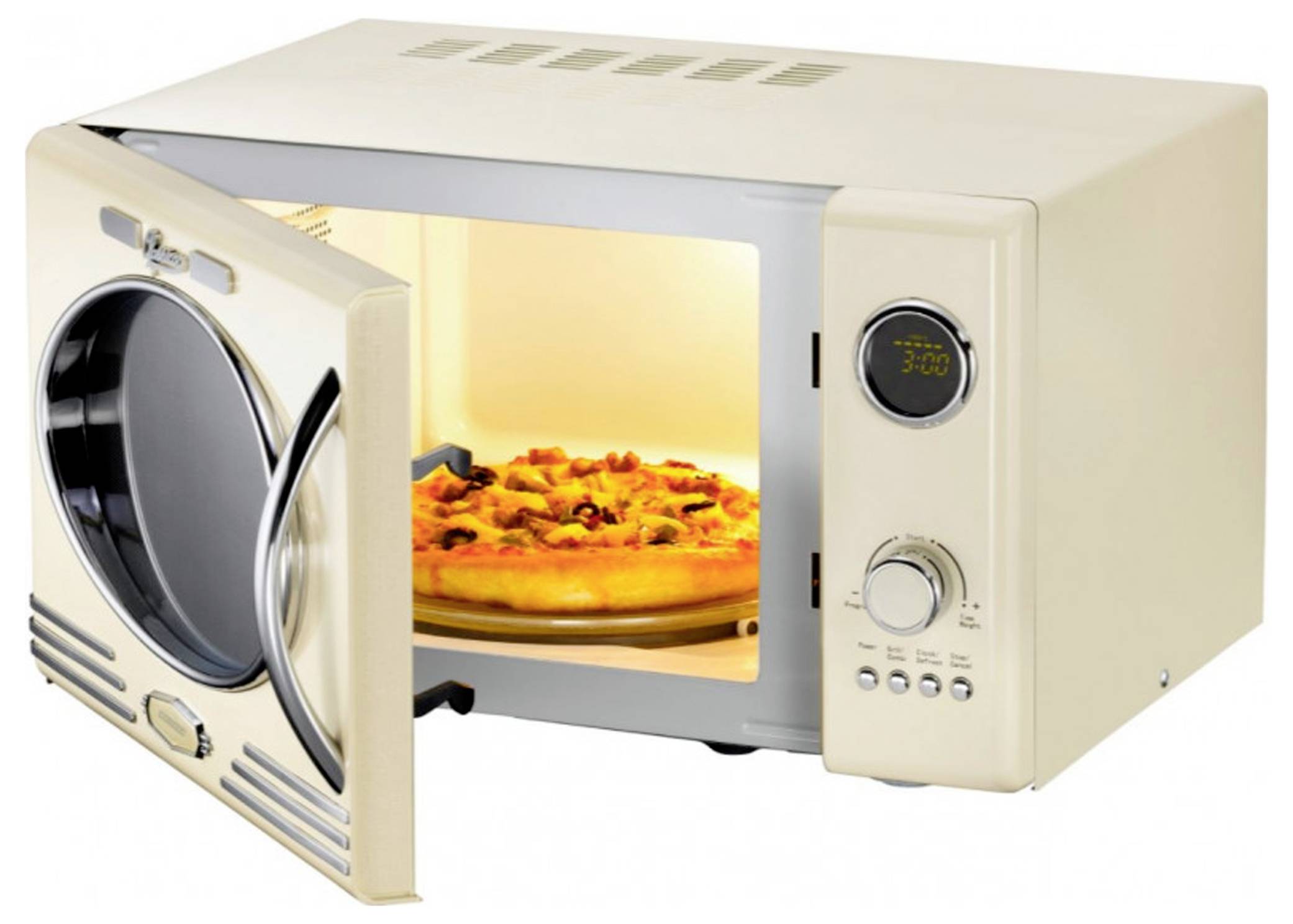 Retro mikrovlnná rúra s otvorenými dvierkami, v ktorých je vidieť hotovú pizzu. Na ovládacom paneli je zobrazený čas '3:00'.
