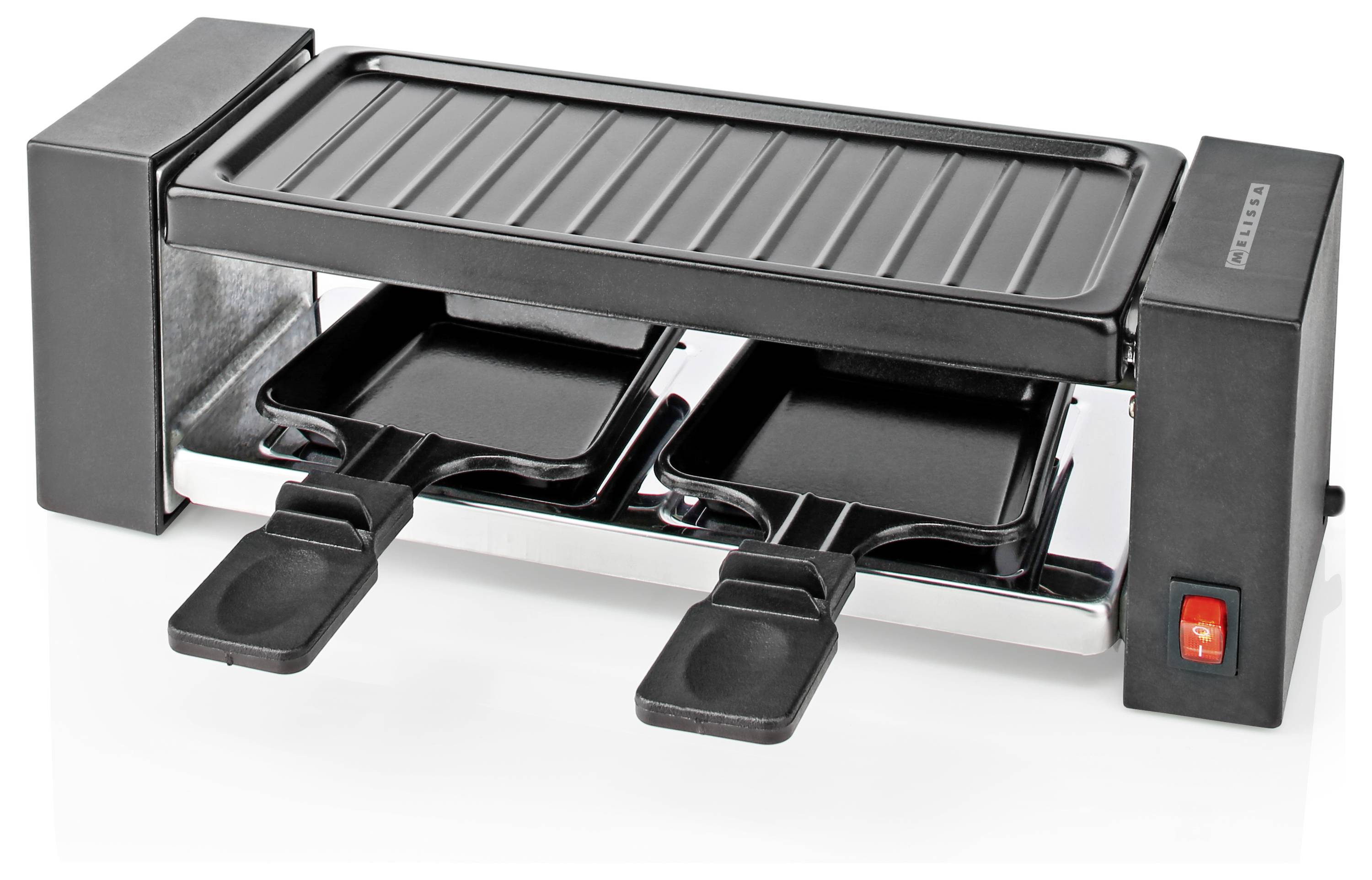 Čierny elektrický raclette gril s dvomi táckami a vypínačom, určený na stolové varenie a grilovanie potravín.