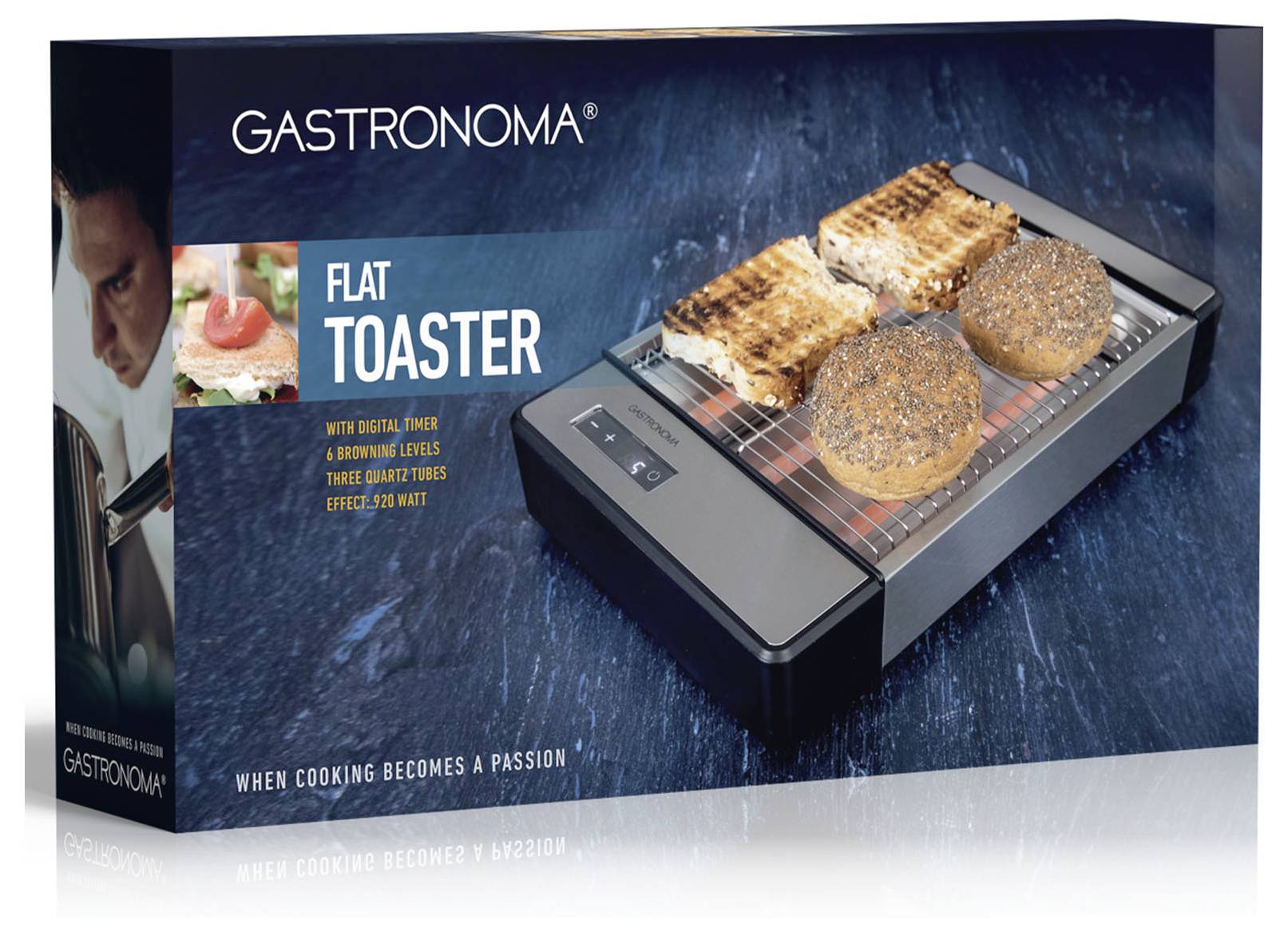 Toaster v krabici s opečeným chlebom a bagelmi; označený značkou 'Gastronoma' so sloganom 'Keď sa varenie stáva vášňou'.