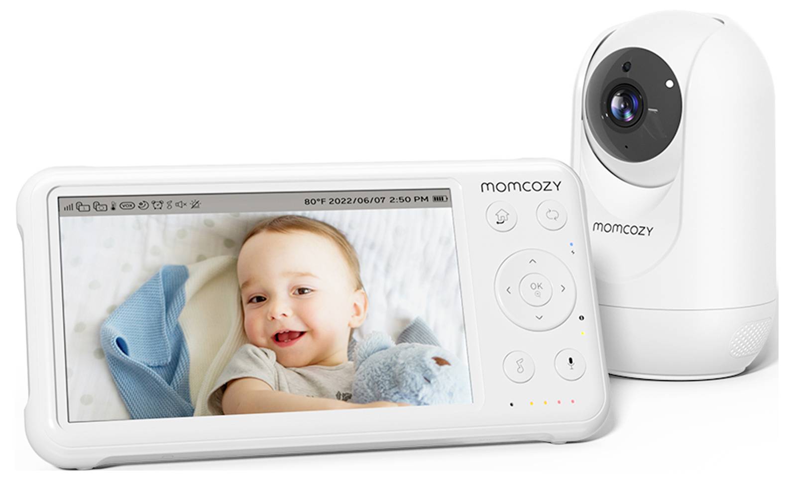 Detský monitor značky 'Momcozy' s obrazovkou zobrazujúcou usmievajúce sa dieťa zabalené v modrej deke a samostatnou kamerovou jednotkou umiestnenou vedľa neho.
