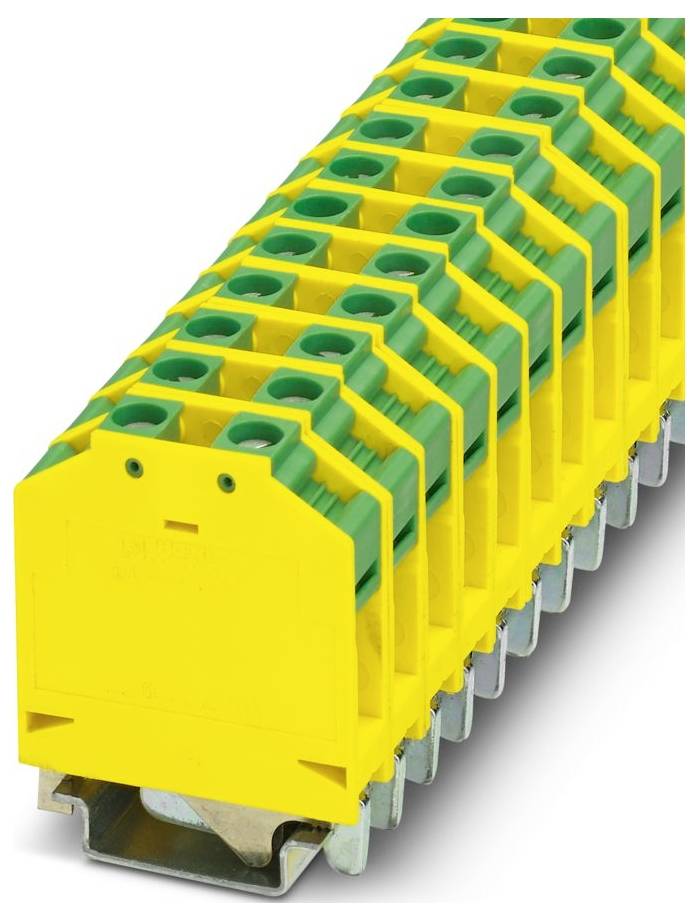 Rad žltých a zelených svorkovníc zaradených na kovovej lište, ktoré sa bežne používajú na elektrické spojenia v ovládacích paneloch.