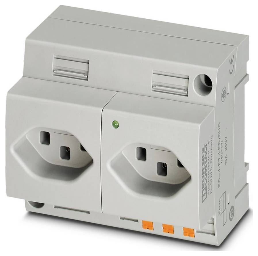 Dvojitá elektrická zásuvka s sivym krytom, s dvoma otvormi na zapojenie zástrčky. Zariadenie má na prednej strane zelenú indikačnú lampičku.