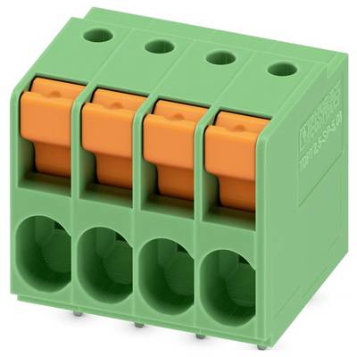 Zelený štyristupňový svorkovnicový blok s oranžovými pákami, používaný na upevňovanie elektrických vodičov.