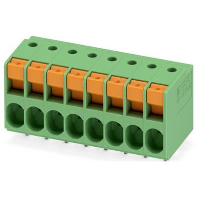 Zeleno-oranžový svorkovnicový konektor s viacerými portmi na pripojenie vodičov, používaný v elektrónických a elektrických aplikáciách.