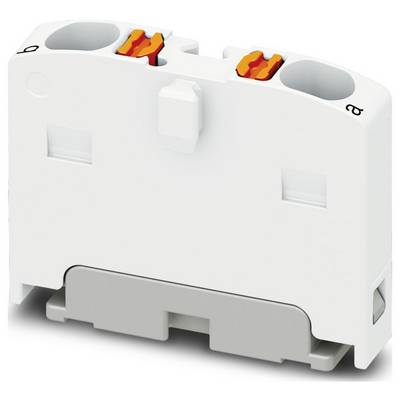 Biely elektrický zacvakovací blok s dvomi oranžovými svorkami, používaný na bezpečné pripojenie vodičov, na jednoduchom pozadí.