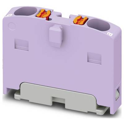Purpurový zaraďovací blok s dvoma oranžovými vložkami, určený na elektrickú inštaláciu. Disponuje dvomi montážnymi otvormi a drážkou v spodnej časti.