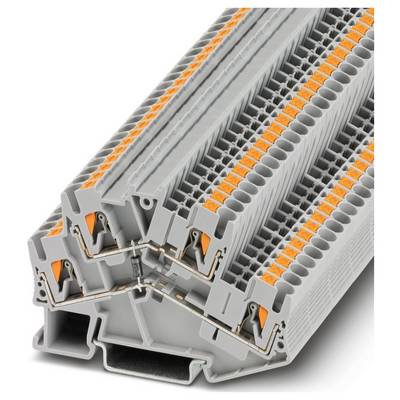 Zásobník sivých elektrických svorkovníc s oranžovými pákovými konektormi, používaný na organizáciu a upevnenie elektrického vedenia.