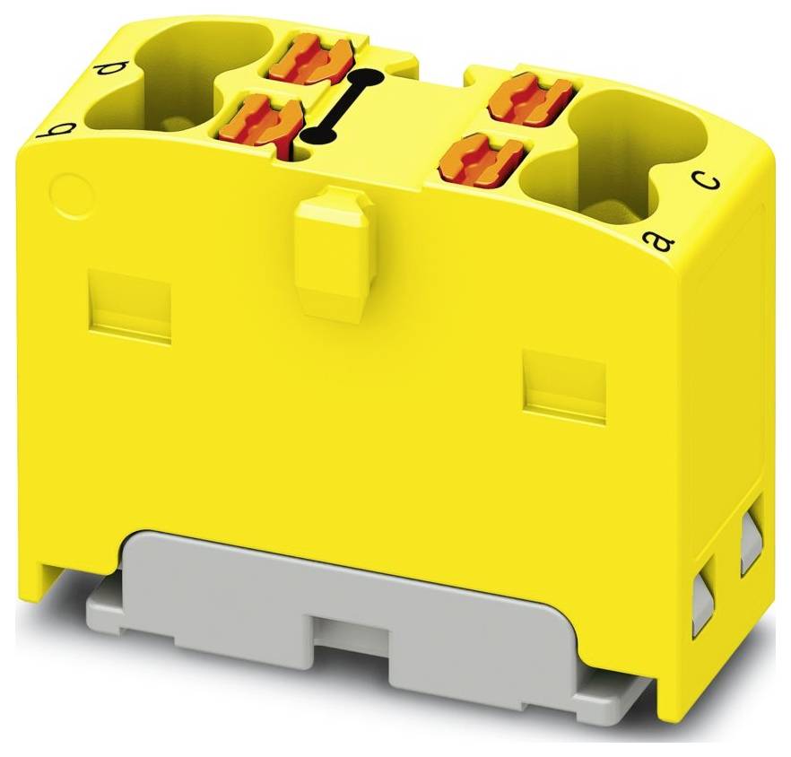 Žltý elektrický blok konektora so označenými sekciami A, B, C, D a červenými zásuvkami na svorky, používaný na pripojenie elektrických drôtov.