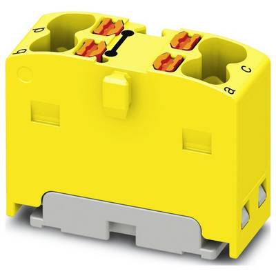 Žltý elektrický blok konektora so označenými sekciami A, B, C, D a červenými zásuvkami na svorky, používaný na pripojenie elektrických drôtov.