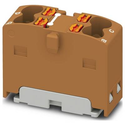 Hnedý svorkovnicový blok s očíslovanými slotmi, namontovaný na sivej základni, je vybavený bezpečnými oranžovými pákami a používa sa na elektrické spojenia.