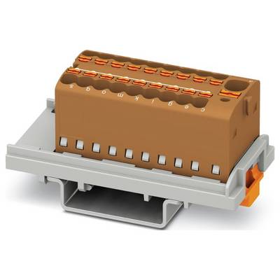 Hnedý a sivý elektrický konektorový blok s viacerými svorkami a oranžovými páčkami, určený na montáž na DIN lištu.