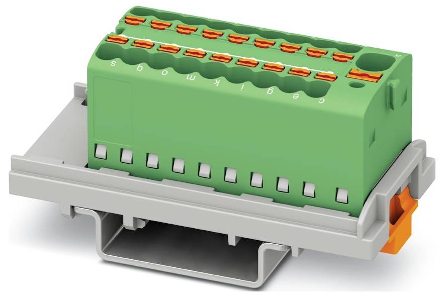 Zeleno-oranžový elektrický konektor s viacerými označenými zásuvkami na vedenia namontovaný na sivej základni, používaný na pripojenie obvodov.