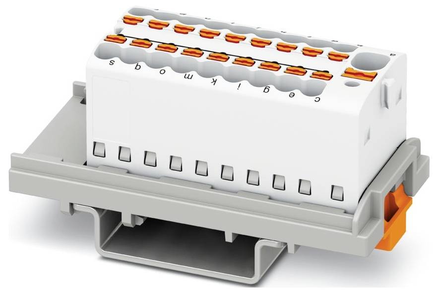 Biely a sivý elektrický zásuvný blok s niekoľkými malými oranžovými páčkami, umiestnený na sivej základni, slúžiaci na zaistenie elektrických vodičov.