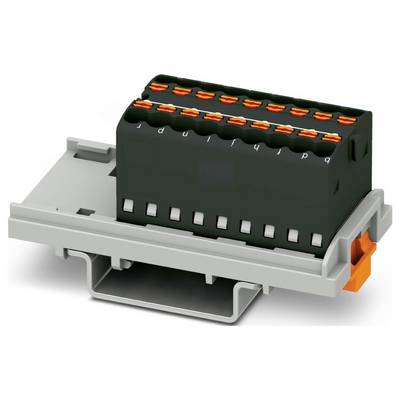 Osemkanálový svorkovnicový blok s technológiou zapchávacieho pripojenia, upevnený na DIN lištu, s čiernymi a oranžovými komponentmi.