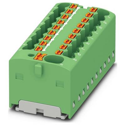 Zelený terminálny blok s viacerými oranžovými konektormi označenými od a do p, určený pre elektrickú inštaláciu a riadiace systémy.