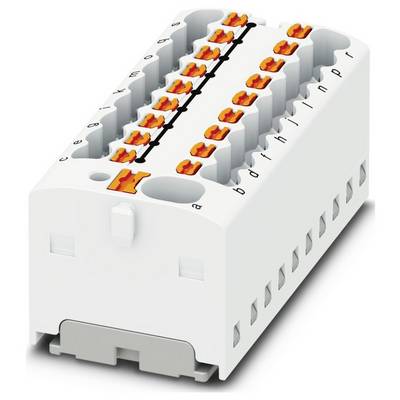 Biely terminálny blok s viacerými oranžovými pákovými spojkami, označený písmenami. Používa sa na organizáciu a pripojenie elektrických obvodov.