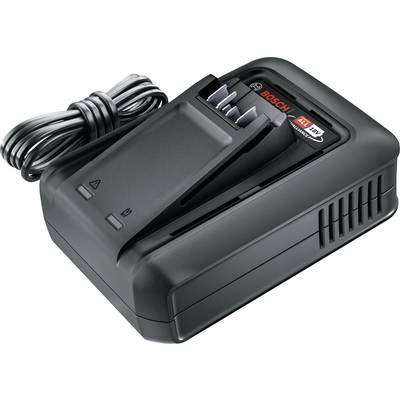 Čierny nabíjač batérií Bosch s navíjaným napájacím káblom, určený pre 18V batérie elektrického náradia. Nabíjač je vybavený indikátormi stavu nabíjania.