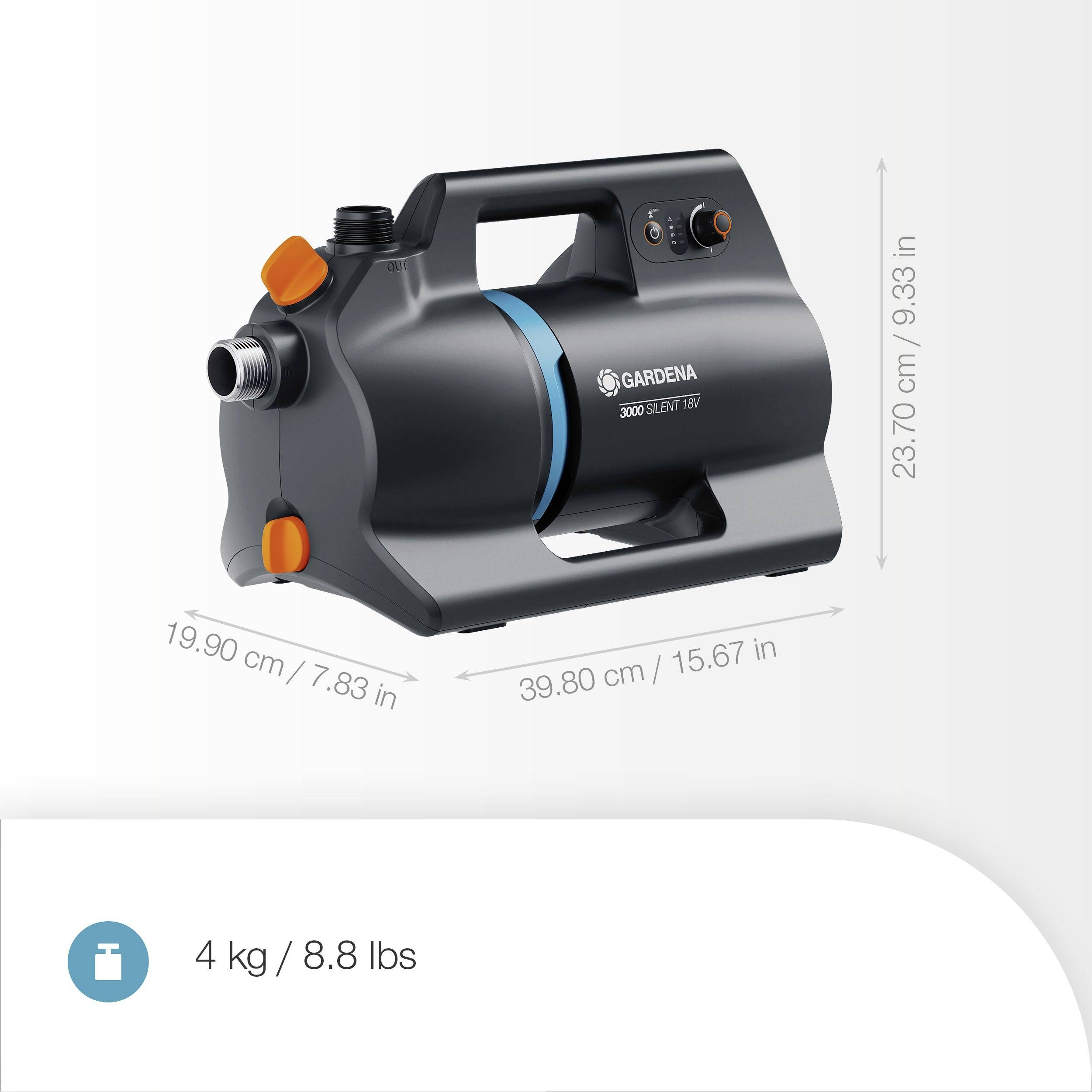 "Gardena 3000 Silent Pump" má rozmery: 23,70 cm (9,33 in) výška, 19,90 cm (7,83 in) šírka a 39,80 cm (15,67 in) hĺbka. Hmotnosť: 4 kg (8,8 lbs).