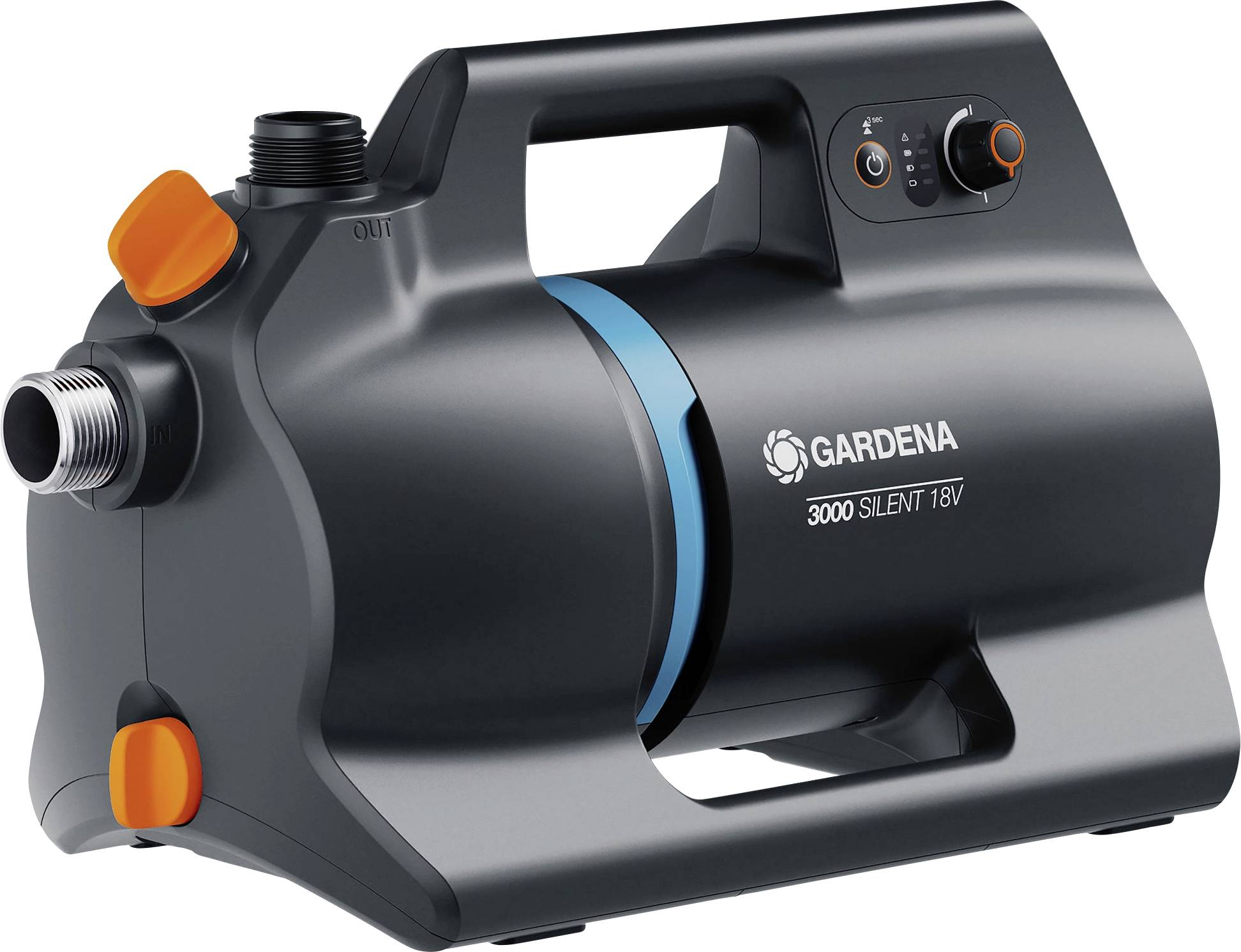 Prenosné vodné čerpadlo s rukoväťou a ovládacím gombíkom, označené nápisom 'Gardena 3000 Silent 18V', zobrazujúce vstupné a výstupné pripojenia.