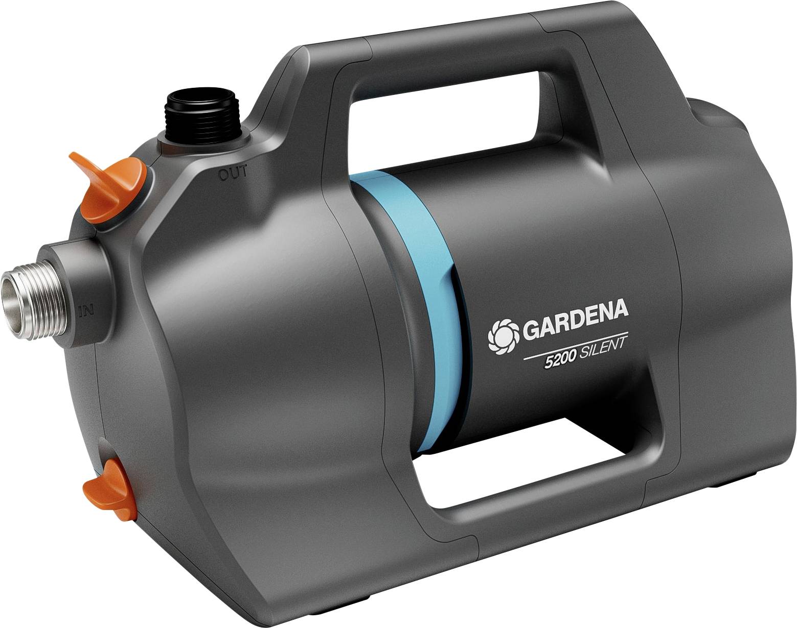 'GARDENA 5200 Silent' vodné čerpadlo, čierno-sivé, ergonomická rukoväť, dva prípoje, kompaktné a tiché, vhodné na zavlažovanie.