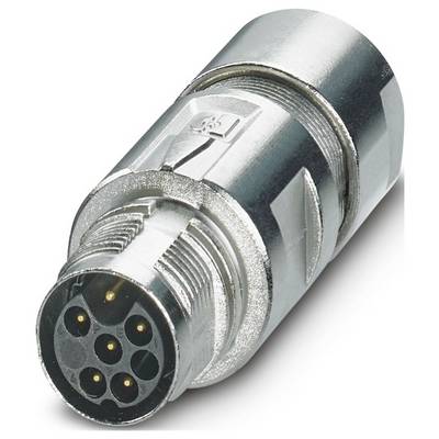 Kovový, valcový, viacpólový konektor so siedmimi otvormi na kolíky, používaný na elektrické spojenia v zariadeniach.