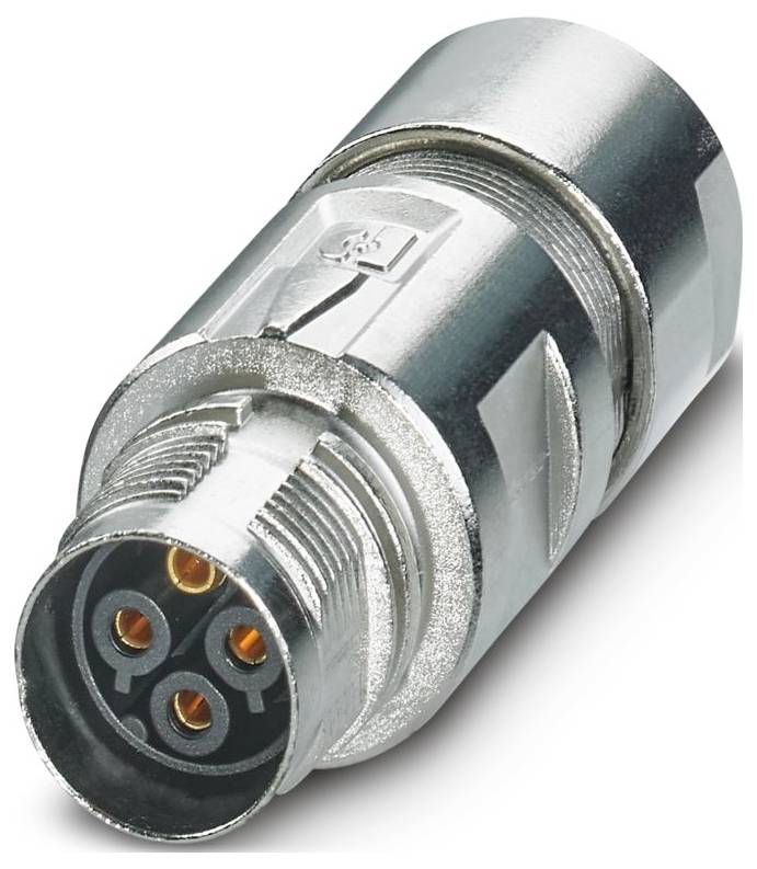 Zblízka metalického kruhového konektora so zástrčkou s piatimi viditeľnými zlatofarebnými kolíkmi, ktorý sa často používa na dátové alebo napájacie spojenia.