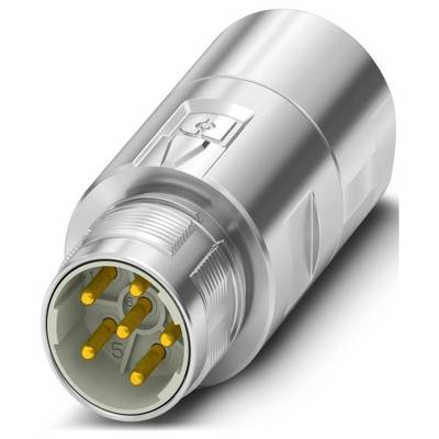 Strieborný kovový elektrický konektor s viacerými pozlátenými kolíkmi, určený na priemyselné aplikácie; zobrazený z uhla.
