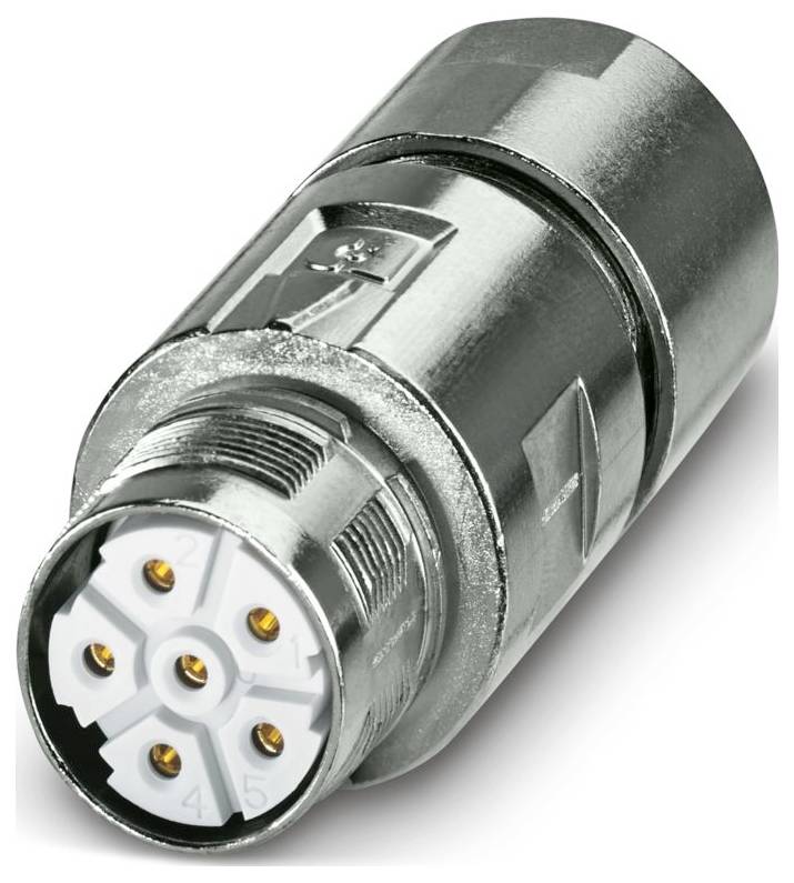 Kovový konektor so šiestimi zlatými kolíkmi pre elektronické zariadenia, podobný na priemyselný alebo audio zástrčku, navrhnutý na odolné spojenia.