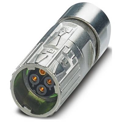 Kovový elektrický konektor so štyrmi viditeľnými medenenými kontaktnými bodmi pozorovaný zboku, ktorý prezentuje jeho valcovitý dizajn.