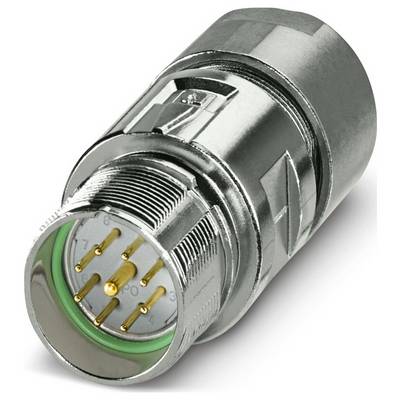 Kovový priemyselný konektor so šiestimi zlatými kolíkmi, používaný na elektrické spojenia, pohľad zo strany kolíkov so zeleným vonkajším prstencovým prvkom.