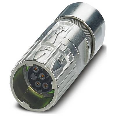 Lesklý kovový okrúhly priemyselný konektor so šiestimi kolíkmi vo vnútri, používaný na pripájanie elektronických alebo priemyselných zariadení.