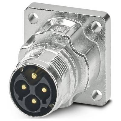 Kovový trojkolíkový elektrický konektor namontovaný na štvorcovej doske, zvyčajne používaný na audio alebo priemyselné účely.