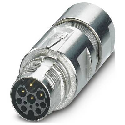 Kovový, valcovitý elektrický konektor s viacerými malými otvormi na kolíky obklopený zeleným krúžkom, určený na priemyselné použitie.