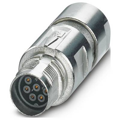Kovovný kruhový konektor M12 s ôsmimi kolíkmi je znázornený. Je strieborný, používa sa na priemyselné pripojenia v automatizačných a riadiacich systémoch.