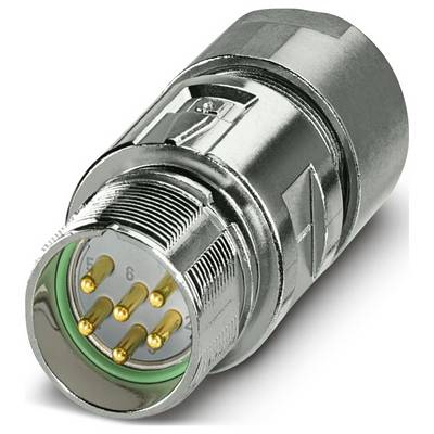 Kovový kruhový konektor s viacerými zlatými kolíkmi, používaný na pripojenie elektronických zariadení.