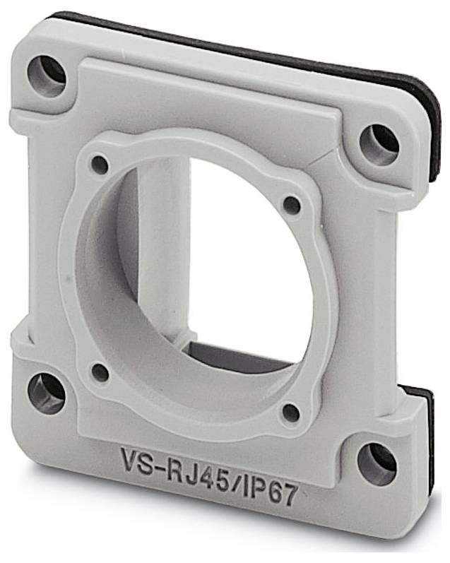 Štvorcová, sivá plastová montážna doska s kruhový otvorom, určená pre konektory VS-RJ45/IP67, s štyrmi skrutkovacími otvormi.
